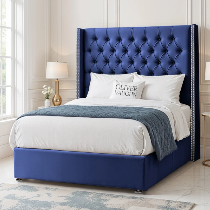 Luxury Wing Chesterfield Divan Bed - Royal-Blue - Image 2